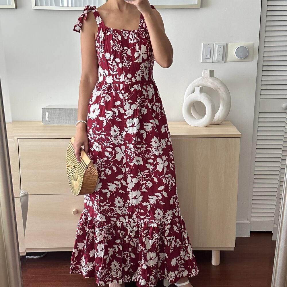 Outerknown Floral Maxi Dress Womens Small Cotton Silk Red White Pockets Nwot